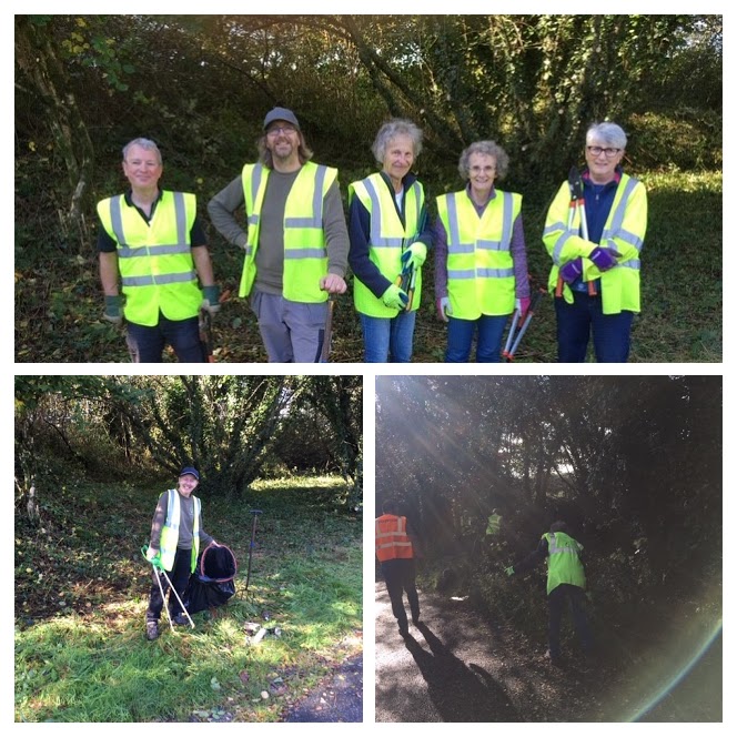 Collage showing the team of volunteers wearing hi-viz jackets and at work cutting the scrub